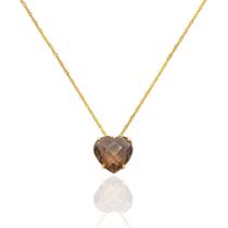 Corrente Ouro 18k Com Pingente Coração Pedra Natural Quartzo Fumê 50 cm