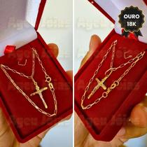 Corrente Ouro 18k Com Pingente Cruz Masculina 60cm Cordao Ouro