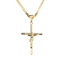 Corrente Piastrine 70cm + Pingente Cruz com Cristo Masculino Banhada a Ouro