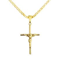 Corrente Piastrine 80cm + Pingente Cruz com Cristo Masculino Banhada a Ouro