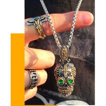 Corrente Pingente Aço Inoxidável Caveira Mexicana Tribal Colar Masculino Corrente Pingente Aço Inoxidável Caveira Mexicana Tribal Colar Masculino