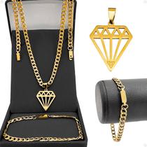 Corrente pingente diamante pulseira corrente dourada aço inox cordão banhado presente qualidade premium estiloso social