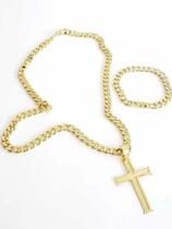 Corrente Pit Bull 10mm Pulseira Pingente Cruz Banhados Ouro