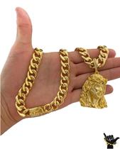 Corrente PitBull 13mm + Pingente Rosto Jesus Banhado a Ouro