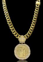 Corrente Pitbull laminada 10mm Moeda antiga + pingente Fé