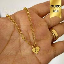 Corrente Portuguesa 45cm Ouro 18k Pingente Letra Coração Inicial Corrente Portuguesa 45cm Ouro 18k Pingente Letra Coração Inicial
