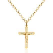 Corrente Portuguesa Com Pingente Cruz Crucifixo Em Ouro 18k