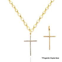 Corrente Portuguesa + Pingente Cruz Palito Grande Ouro 18k 45 cm