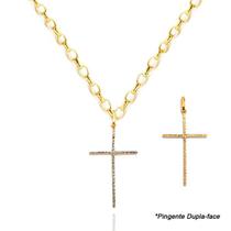 Corrente Portuguesa + Pingente Cruz Palito Grande Ouro 18k