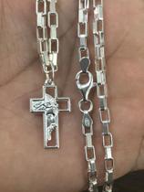 Corrente Prata Maciça 925 Bloco Grossa 70cm Crucifixo Face Cristo Corrente Prata Maciça 925 Bloco Grossa 70cm Crucifixo Face Cristo