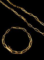 Corrente + pulseira cadeado alongado 6mm banhados a ouro 18k