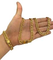 Corrente + Pulseira Lacraia 10Mm Fecho Duplo Banhados A Ouro