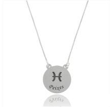 Corrente Signo Placa Redonda Envelhecida Peixes Em Prata 925