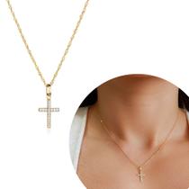 Corrente Singapura Com Pingente Cruz Crucifixo Zircônias Ouro 18k 40 cm