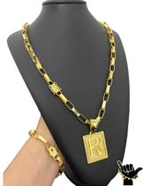 Corrente Tijolinho 8Mm + Pulseira + Pingente -Banhado A Ouro