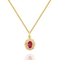 Corrente Veneziana Com Pingente Oval Rubi Sintético e Zircônias Ouro 18k 50 cm