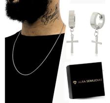 Corrente Veneziana Fina 2mm C/ Brincos Cruz Aço Inox Combo Corrente Veneziana Fina 2mm C/ Brincos Cruz Aço Inox Combo