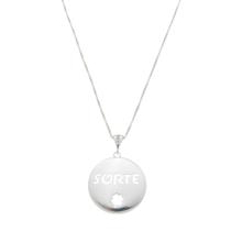 Corrente Veneziana V12 Com Pingente Redondo Liso Escrito Sorte e Trevo Vazados com Microzircônias no Contra Argola Prata