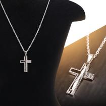 Correntinha Prata Masculina crucifixo pai nosso corrente pingente Inox cruz + saquinho Presente - CJJ MODAS