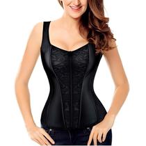 Corselet Corset Corpete Realça Cintura Valoriza Busto Alça e Zíper Frontal Linha Fashion Preto M39