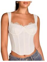 Corset Bustier Tops WDIRARA Lace Bowknot, sem mangas, branco