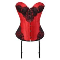 Corset Cetim Espartilho Corselet Corpete Vermelho Com Preto