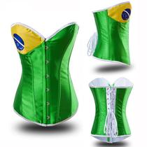 Corset Corpete Corselet Espartilho Redutor Modelador Barbatana Aço Bandeira Brasil Verde M85