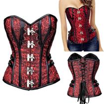 Corset Corpete Corselet Medieval Country Redutor Modela Cintura Floral Vermelho