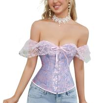 Corset Corselet Blusa Modeladora Manga Curta Renda Floral Linha Casual Azul Claro M787