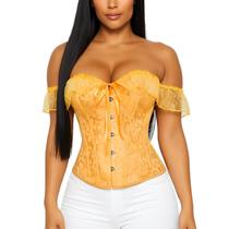 Corset Corselet Blusa Modeladora Manga Curta Renda Floral Linha Casual Dourado M375