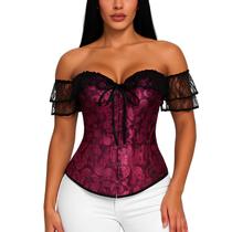 Corset Corselet Blusa Modeladora Manga Curta Renda Floral Linha Casual Fúcsia M275