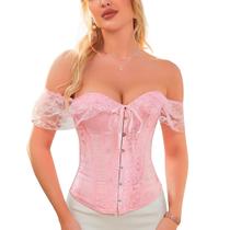 Corset Corselet Blusa Modeladora Manga Curta Renda Floral Linha Casual Rosa Claro M699