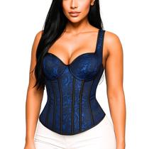 Corset Corselet Floral Bojo Alça Modela Cintura Valoriza Busto Postura Elegante Linha Fashion Azul Escuro M418