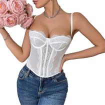 Corset Cropped Bustier Top Slim Renda Transparente Sem Bojo Tamanho:L/40Cor:Branco Corset Cropped Bustier Top Slim Renda Transparente Sem Bojo Tamanho:L/40Cor:Branco