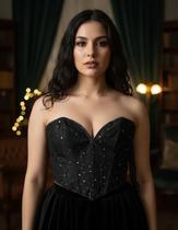 Corset Cropped Top Blusa Curta Barra V Telinha Tule Estrela