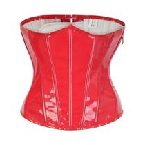 Corset Top Steampunk Em Couro PVC Brilhante Preto E Vermelho Com Estruturas Plásticas Modelador De