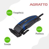 Cortador de Cabelos Preto 10W Agratto Vizzo CR, Maquina de Cortar Cabelo Profissional, Maquina de Acabamento, Aparador de Pelos, Maquininha - 110V