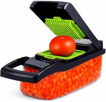 Cortador de Legumes Multifuncional 15 em 1 Premium com Recipiente Fatiador, Ralador e Mandoline Profissional em Aço Inox, Corta Verduras, Frutas etc
