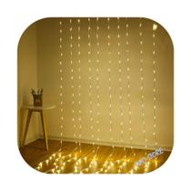 Cortina 320 Led 3,0m x 2,5m 8 Funções Branco Quente Fio Transparente Decor Festa Natal 110V
