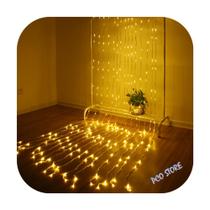 Cortina 392 Led 3,0m x 2,5m 8 Funções Branco Quente Fio Transparente Decor Festa Natal 220V