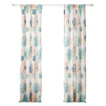 Cortina Benzara Geo 213 cm, branca, azul, conchas, estampa de samambaias