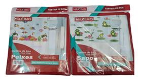 Cortina Box Banheiro Estampa Peixe/Sapo Com Visor e Ganchos