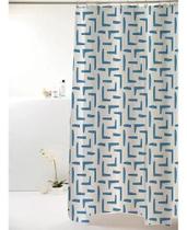 Cortina Box Banheiro Poliéster 198x180cm C/ Ganchos Cor Geométrico Azul
