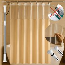 Cortina Box PVC Impermeável Antimofo Com Visor 1,38m x 1,98m + Varão Extensível 1,10M A 2,00M