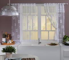 Cortina branca de renda para janela da cozinha com bandô
