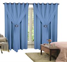 Cortina Corta Luz 4,00m X 2,60m 100% Blackout Com Voil Azul Para Sala Ou Quarto Para Varão Simples