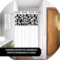 Cortina De Banheiro Box PVC Arabesco Preto Com Branco Com Ilhos Vida Pratika