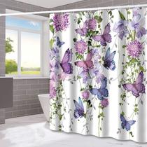 Cortina de chuveiro floral borboleta roxa e rosa 180x180cm