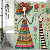 Cortina De Chuveiro Floral Gato Menina À Prova D'água Com Ganchos Cortina Decorativa De Banheiro