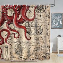 Cortina de chuveiro Fungarth Vintage Red Nautical Octopus 180x180cm Cortina de chuveiro Fungarth Vintage Red Nautical Octopus 180x180cm
